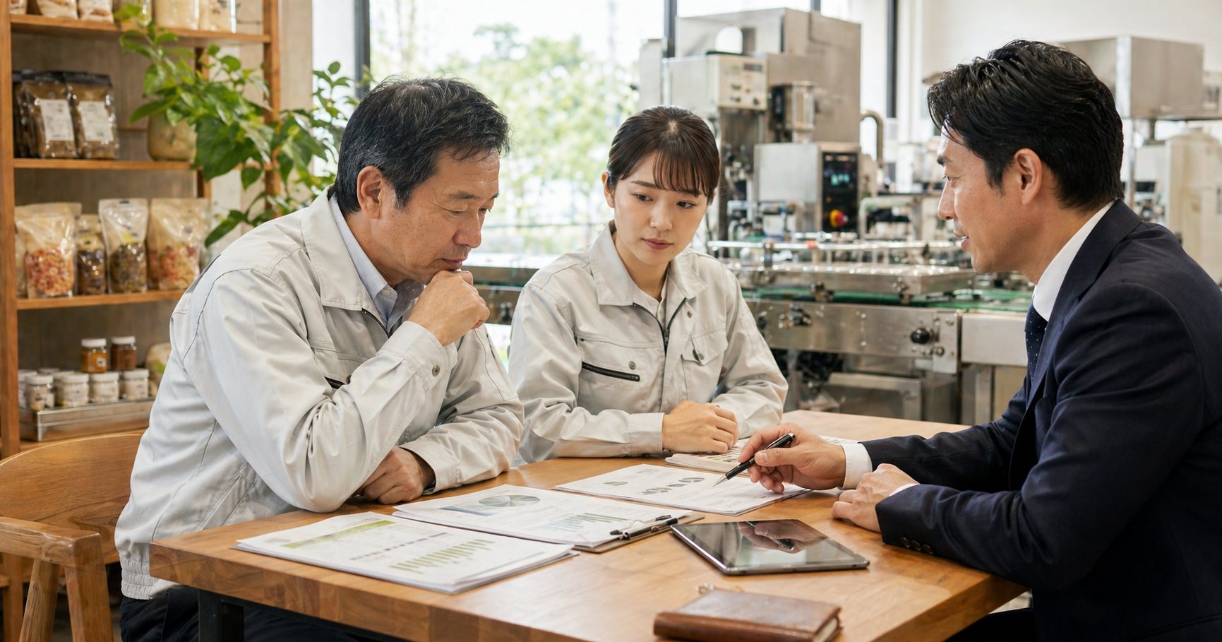 金属加工会社の承継について経営者と後継候補が相談している様子