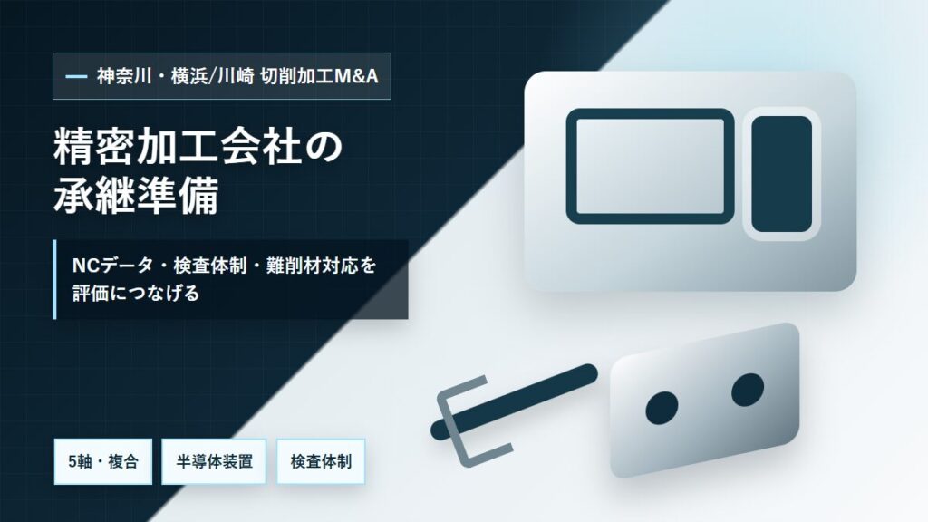 神奈川・横浜/川崎の切削加工M&Aで精密加工、NCデータ、検査体制、難削材対応を整理するイメージ