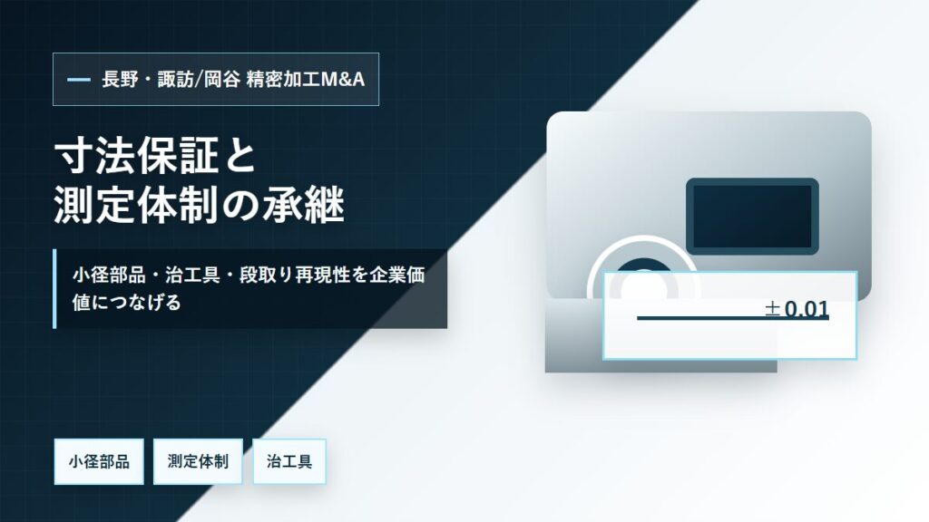 長野・諏訪/岡谷の精密加工M&Aで小径部品、測定体制、治工具、技能承継を整理するイメージ
