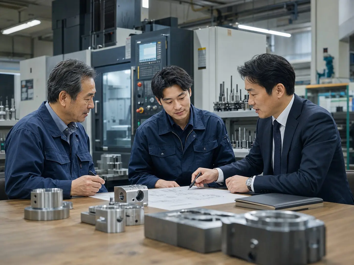 金属加工工場で経営者と後継者候補、M&Aアドバイザーが承継計画を確認している様子